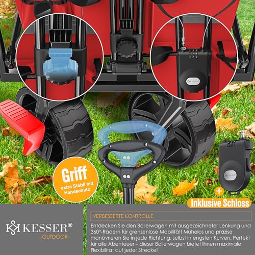 KESSER® Bollerwagen faltbar GT9000 mit Dach Handwagen Transportwagen mit Schloss & Cover | 2X 3-Punkt Gurtsystem | klappbar | Vollgummi-Reifen | bis 80 kg | Vorder- & Hinter-Bremse, Rot/Grau – Bild 3