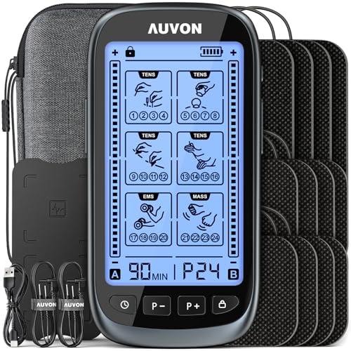 AUVON 3-in-1 TENS Unit Muscle Stimulator for Pain Relief Therapy, 30 Intensities EMS Massager Machine for Gradual Back, Shoulder, Sciatica, 24 Modes Pulse Massager with EVA Travel Case, 12 Pads