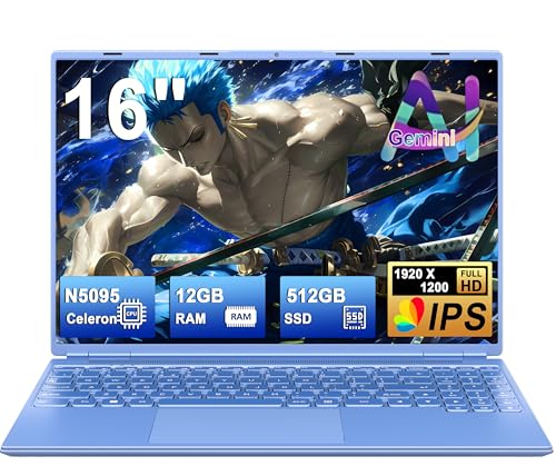 Ordenador Portátil 16 Pulgadas Celeron N5095 Up to 2.9Ghz, Portátil Win 11 con 5G WiFi 12+512GB SSD Expansión 1TB, BT 4.2 Mini Puerto Multimedia Portatiles Ventilador Refrigeración 1920*1200 Azul