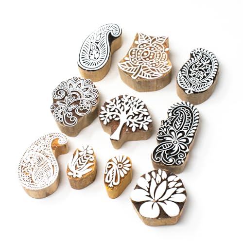 Image of Hashcart Wooden Stamp Block, Printing Stamp Design Set | Block for Printing Saree Border | Dresses, Craft Card Making, Scrapbook, Clay Pottery | Set of 10