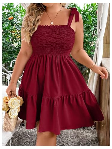 Image of Floerns Women's Plus Size Summer Knot Tie Shoulder Ruffle Straps Flounce Flowy Smocked Sundress Shorts Dress