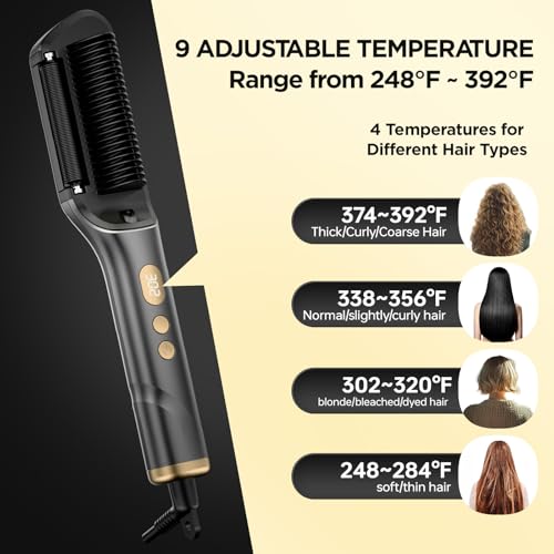 Ionic Hair Straightener Brush with Anti-Frizz Ceramic and 9 Temperature Settings for All Hair Types