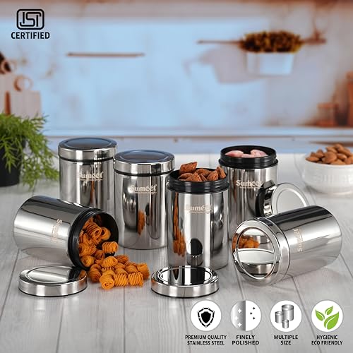 Image of Sumeet ISI Certified Stainless Steel Air Tight Storage Container /Jar /Canister /Dabba with Threading Screw Cap for Kitchen - Pack of 6Pc, 8.3cm, 550ml, Silver