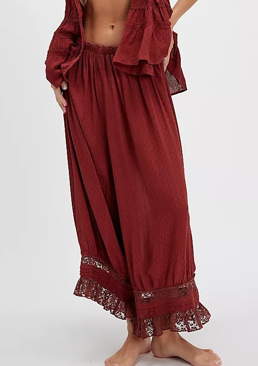 Image of UAURORAO Women Lace Trim Long Bloomers Elastic Mid Rise Ruffle Pantaloons Cropped Flared Slips Pants Pajama Bottoms(Wine Red,Small)