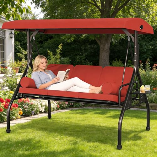 Image of SUNCROWN Outdoor 3 in 1 Porch Swing Chair, 3 Seat Patio Swing Glider with Adjustable Canopy, Heavy Duty Swings with Thickened Cushions, Pillows & Cup Holders for Backyard, Porch, Garden,Red