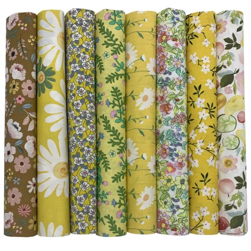 EDGEAM 8 piezas Telas Patchwork de Algodón 50x50 cm Patrón de Flores Cuadrada Telas Decorativas Costura Retales Tela (Amarillo)