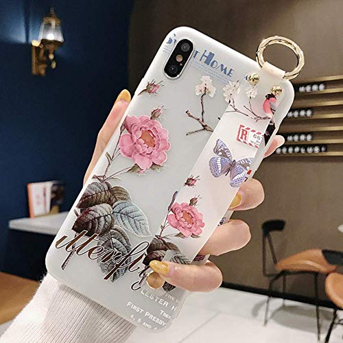 Robinsoni Case Compatible with iPhone XS Semi-Transparent Floral Flower Pattern Cover for Girls Women TPU Silicone Wrist-Band & Mental Ring Case Glitter Floral Cover Shockproof Bumper Back Case