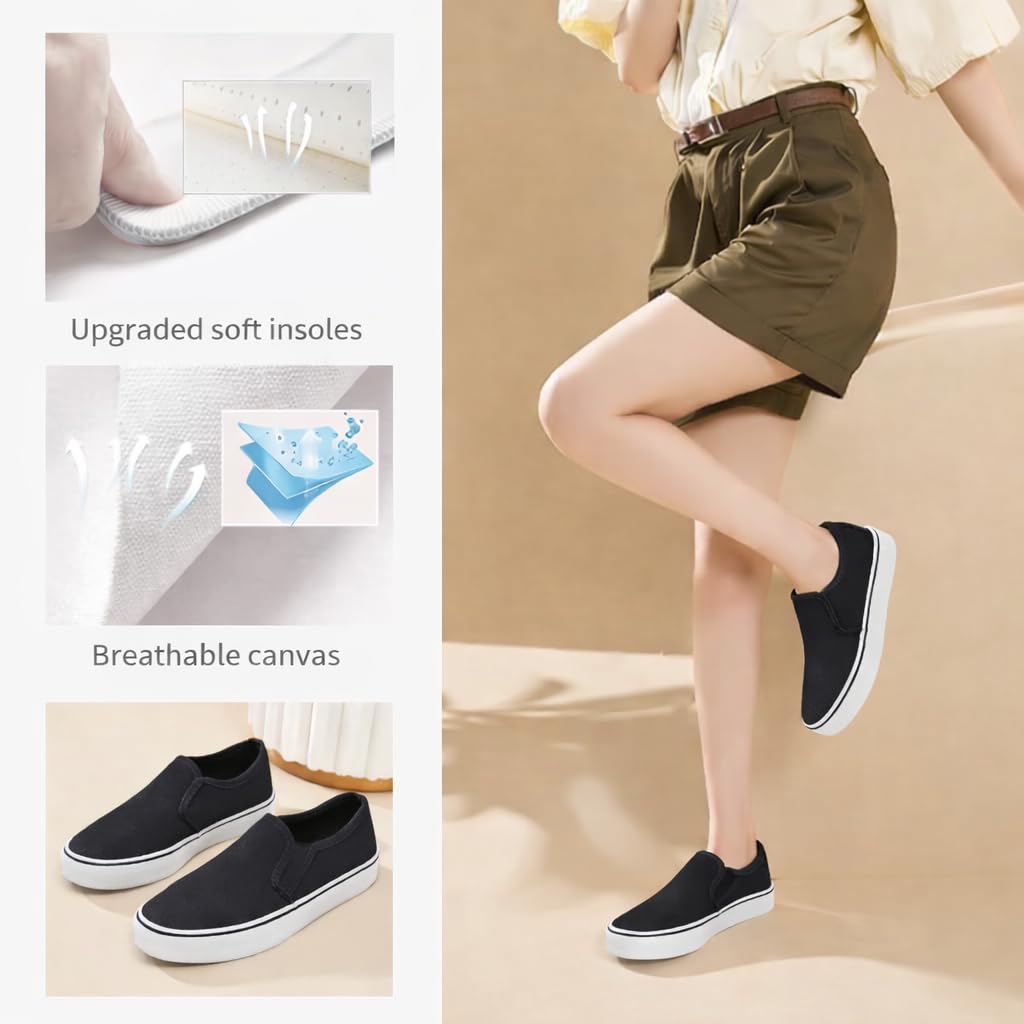 Emma Shoes Low-Top Slip Ons Women's Fashion Sneakers Casual Canvas Sneakers for Women Comfortable Flats Breathable Padded Insole Slip on Sneakers Women Low Slip on Shoes, Black, 9