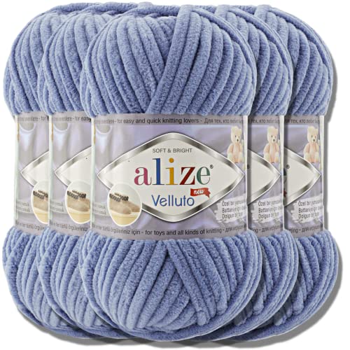 Alize 374 Velluto - Ovillo de lana turca (5 unidades, 100 g, lana de chenilla, suave, lana de chenilla para ganchillo, suave para amigurumi (denim | 374) Cover