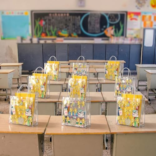 Image of Teenyyou 24 Pcs Back to School Clear Gift Bags with Handles, Cute Bow & Stationery Pattern PVC Gift Bags Reusable Goodie Container for Teacher Appreciation, Birthday Party, Classroom Rewards