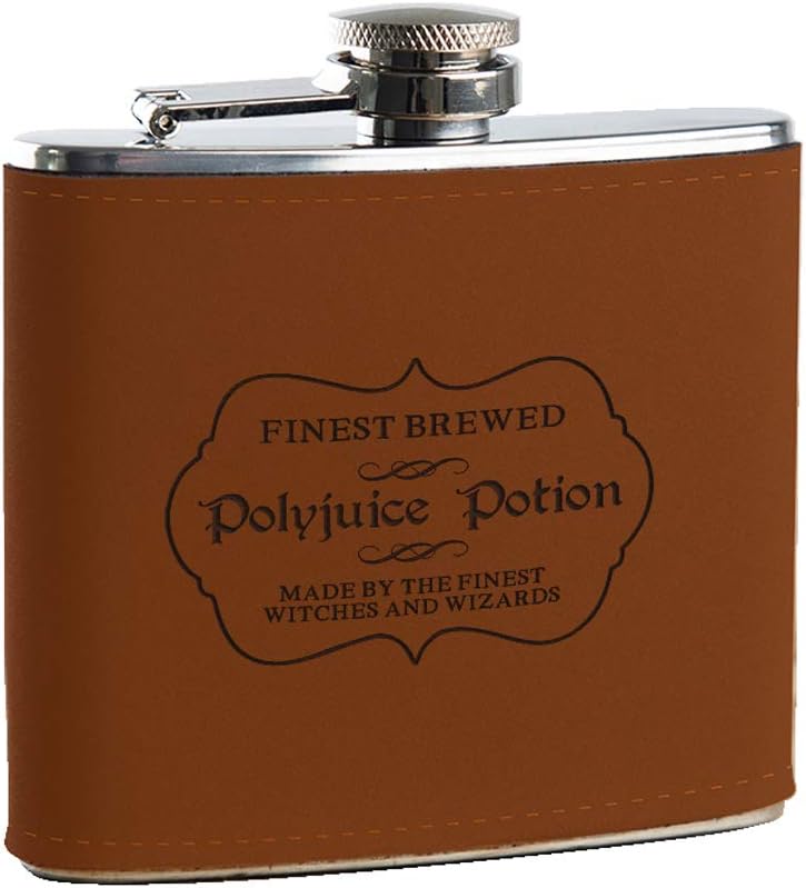Polyjuice Potion Inspired Hip Flask - Wizardry Magic Themed Presents, for Him or Her - Fun Alcohol Gifts - Brown Leather Engraved Hip Flask - 7oz Capacity