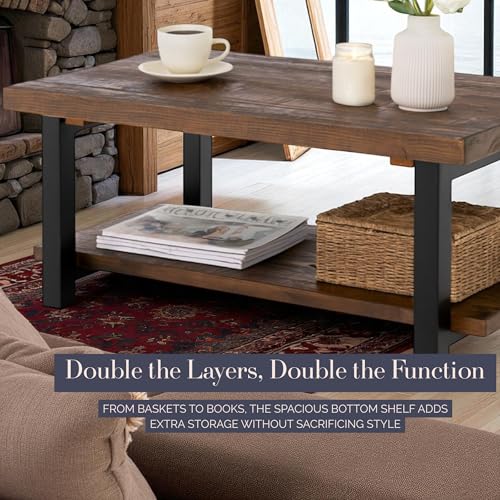 Image of Alaterre Furniture Pomona Solid Wood Coffee Table, Rustic Brown, 48 inch | Large Rectangular Center Table with Storage Shelf and Metal Legs, Rustic Industrial Farmhouse Living Room Table