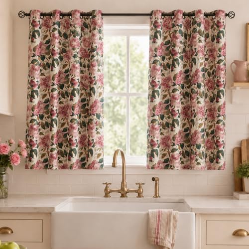 Image of ALIGOGO Pink Floral Linen Curtains for Kitchen, 2 Panels 50 inch W x 54 inch L