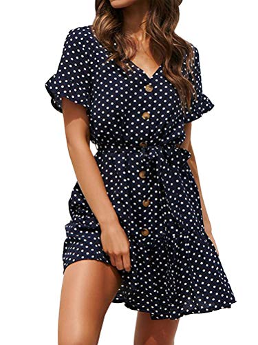ShallGood Vestido De Mujer Cuello En V Manga Corta Ocasional Puntos Boho Lunares Mini Vestir Fiesta Vacación Cóctel Playa Vestido A Armada ES 48