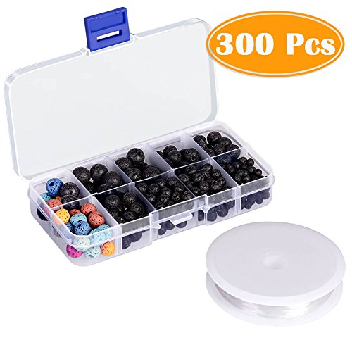 Paxcoo 300pcs Lava Stone Rock Beads for Essential Oil and Jewelry Making (Black, Yellow, Brown, Mint Green, Light Blue and Blue)