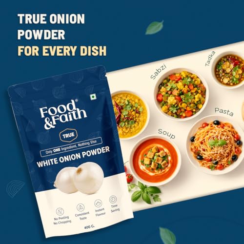 Image of Food & Faith White Onion Powder 400g - Pure Dehydrated Pyaz Powder | Strong Aroma & Instant Flavor | Ready to Use Cooking Seasoning | No Preservatives, Additives or Fillers