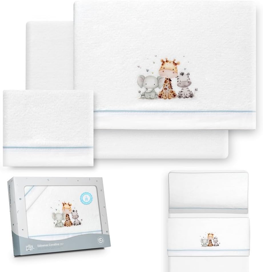 Danielstore Bebe Sabanas Minicuna Sabanas de Invierno Coralina Extrasuave Minicuna 50x80 Ideal para Invierno- (Bajera+encimera+Funda Almohada) (1.0 Jirafa Elefante BCO Beige)
