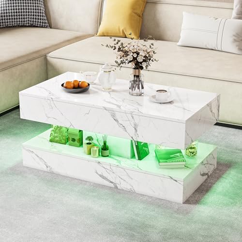 FOERPL Table Basse Effet Marbré avec LED RGB, Table de Salon Moderne avec 2 Tiroirs et Etagère Ouvert, Table de Canapé Rectangulaire, Blanche Brillante,100x50x45cm