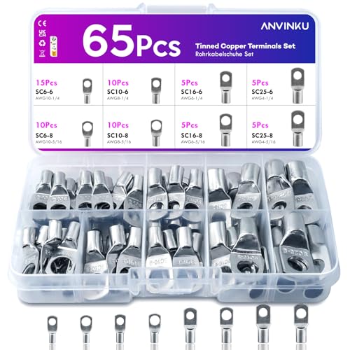 ANVINKU 65 Pcs Battery Terminal Connectors Set 8 Type Battery Terminals Battery Cable Connectors Heavy Duty Copper Crimp Connectors SC Ring Crimps Terminals Cable Lugs for Boat & Car