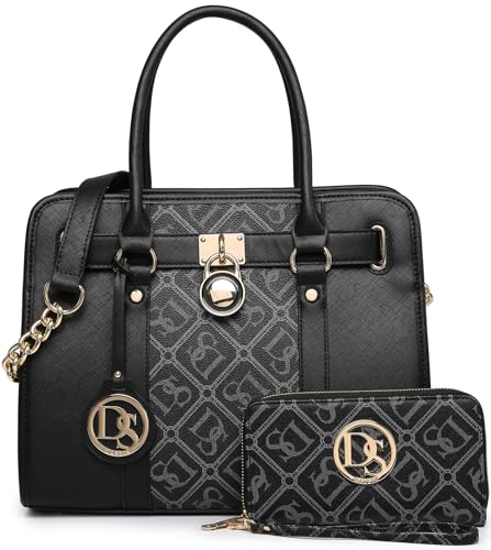 Image of Dasein Women's Designer Satchel Handbag Two Toned Padlock Purse Top Handle Shoulder Bag w /Chain Strap