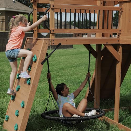 Backyard Discovery Sterling Point Cedar Wood Swing Set with Wave Slide, Raised Clubhouse, Wooden Bridge, Rock Wall, Belt Swings, Web Swing, Trapeze, Balcony, Climbing Wall, Ladder, Outdoor Playset - image 4
