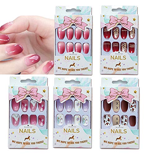 120 Pieces 5 Sets False Nail, Nail Art Design Press on NailsShort for Women, Full Cover Fake Nails Supplies  (short)