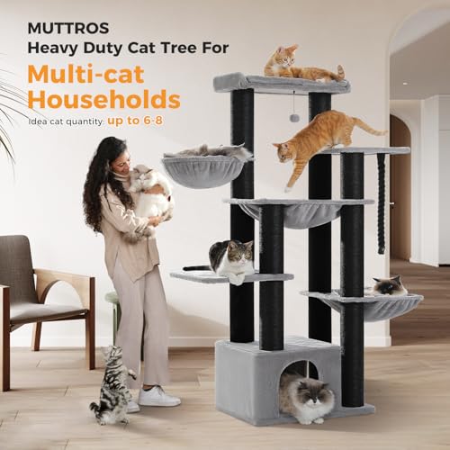 Image of MUTTROS Large Cat Tree-67 Maine Coon Cat Tower for Indoor Cats Large Adult with 7 Thick Black Scratching Posts (φ4.3), Multi-Level Condo, Big Perch & Hammocks -Black