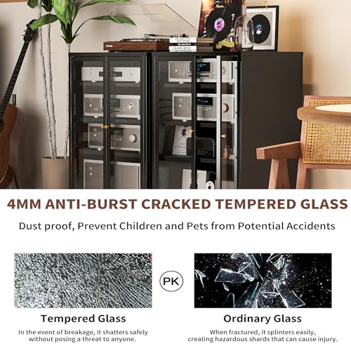 EKJ Heavy Duty 4-Tier Media Cabinet, Audio-Video Media Stand with Tempered Glass Doors, Metal Stereo Cabinets with 3 Adjustable Shelves, Storage Cabinet for Entertainment Stereo Component