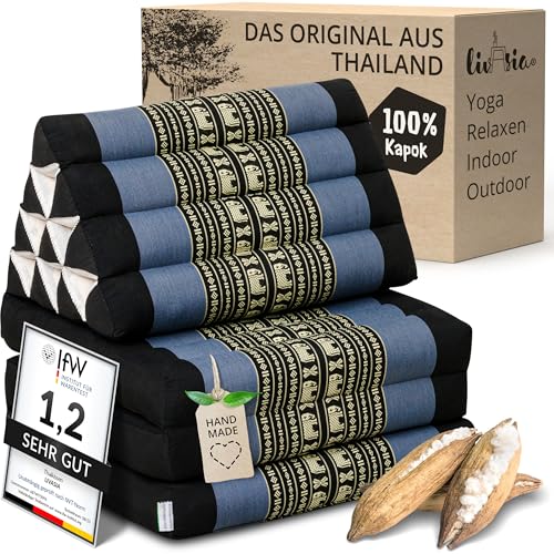 livasia Thaikissen mit 3 Auflagen - 175x50x8cm - Dreieckskissen mit Klappmatratze, Keilkissen Kapok, Rückenkissen faltbar, Thaimatte zum Klappen, handgefertigt, Meditationskissen (Blau/Elefanten)