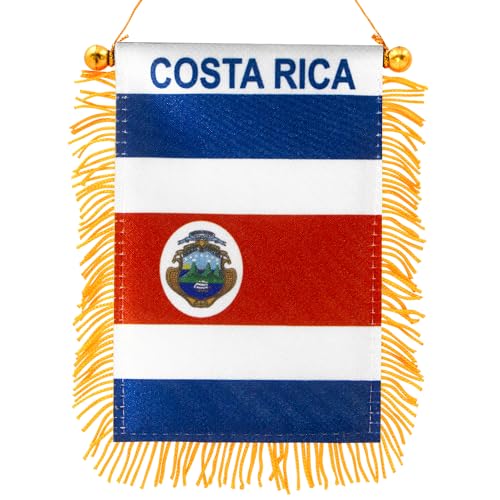 Anley 4 X 6 Inch Costa Rica Fringy Window Hanging Flag - Mini Banner & Car Rearview Mirror Décor - Fringed Costa Rican Hanging Flag with Suction Cup