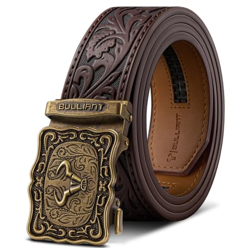 BULLIANT Men Ratchet Westerm Trimmable Belt 1.5-Adjust Fit-Gift Boxed(Deep Brown 38-44 Waist Adjustable)