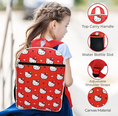 Hello Kitty Backpack for Girls 16 Inch Large School Backpack with Front Pocket, Water Bottle Holders, Adjustable Straps, Cute Red Bookbag for Kids, Back to School2