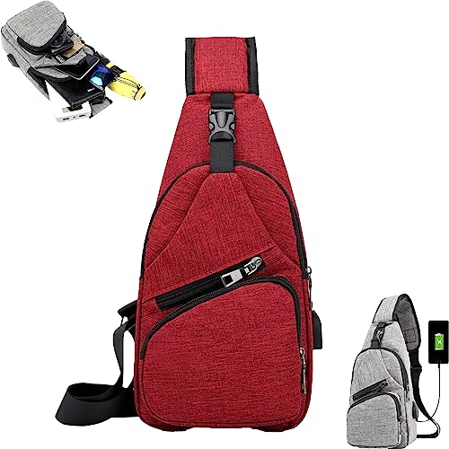 Waterproof Sling Crossbody Bag, Hiking Multipurpose Cross Body Chest Bag, Strap Charger Shoulder Backpack with USB (red)