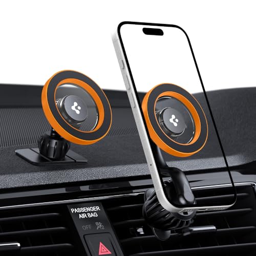 Image of Spigen Magnetic Air Vent Car Mobile Holder [Super Strong Magnet] [Magnetic Ring Included][Extra Mini Dashboard Mount] for iPhone 17 /16 /15 /13 /12, Samsung Galaxy Series and More(Extension Type) - Orange