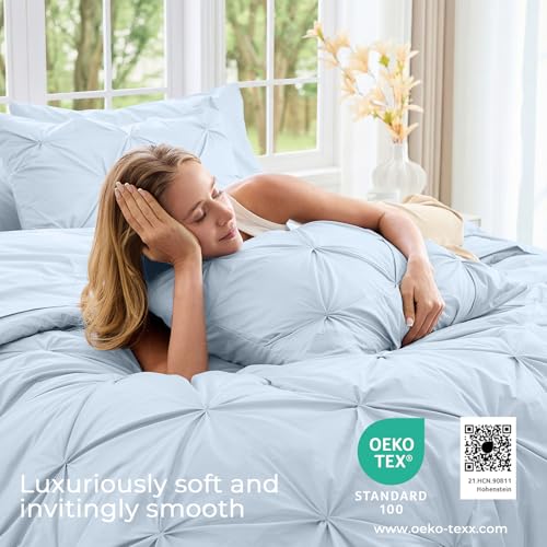 Image of Sasttie Oversized Queen Comforter Set, 7-Piece Bed in a Bag, Pintuck Bedding Sets for All Season, Includes Comforter, Flat Sheet, Fitted Sheet, Pillowcases and Pillowshams, Light Blue