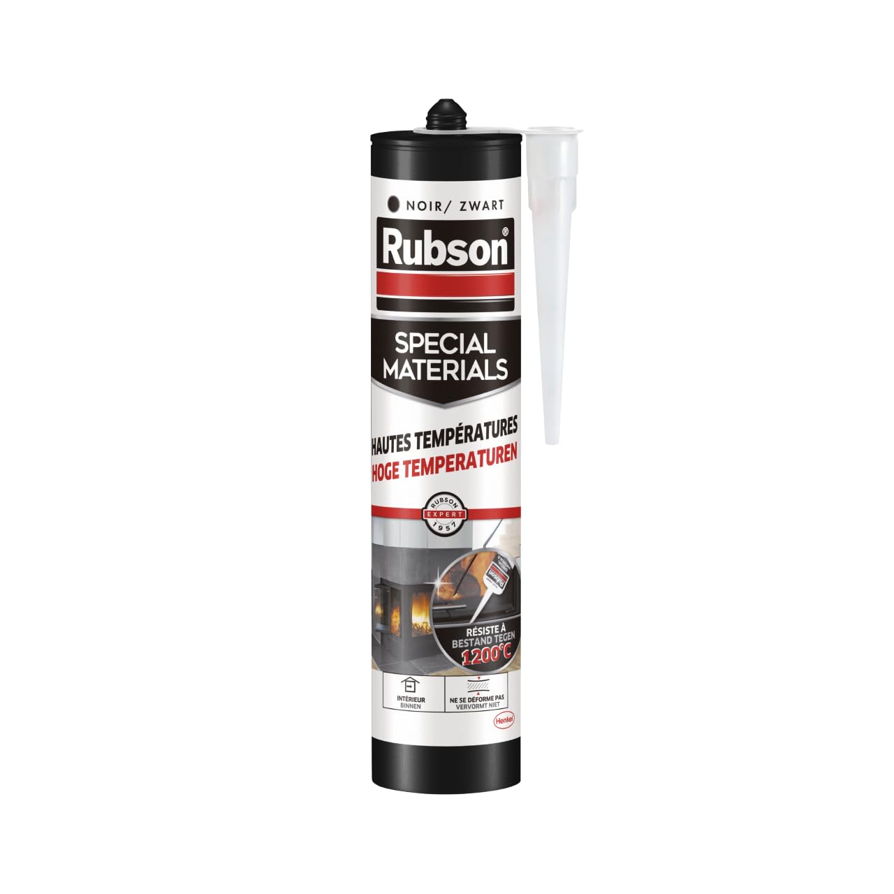 Rubson – Mastic Special Materials Hautes Températures Noir (cartouche de 280 ml) – Mastic intérieur résistant à 1200°C – Réparation et étanchéité des cheminées, chaudières, fours, barbecue, etc