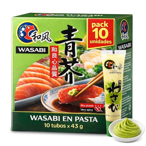 Pasta de wasabi en tubo, ideal para el sushi, el sashimi y los nigiris, Auténtico Aroma y Sabor Picante, lista para consumir, Formato tubo, Disponible en pack de 10 unidades de 43 gr