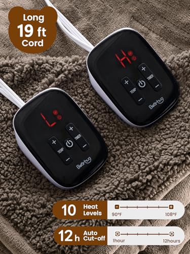 Image of Bearhug Electric Blanket Queen Size with Dual Controls, 10 Heat Levels & 1-12H Auto Shut-Off, Fast Heating Soft Velvet to Sherpa Heated Blanket for Couples, Machine Washable, Taupe