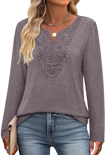 Plus Size Tops for Women Fall Clothes Long Sleeve Shirts Dressy Blouses Winter Pullover Tunic Sweaters Grey Purple 2XL