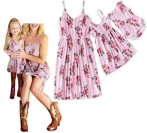 Mommy and Me Leaf Print Sleeveless Vintage Dresses Family Matching Spaghetti Straps Party Beach Maxi Cami Dress (Stripe Pink, Baby/3-6Months)