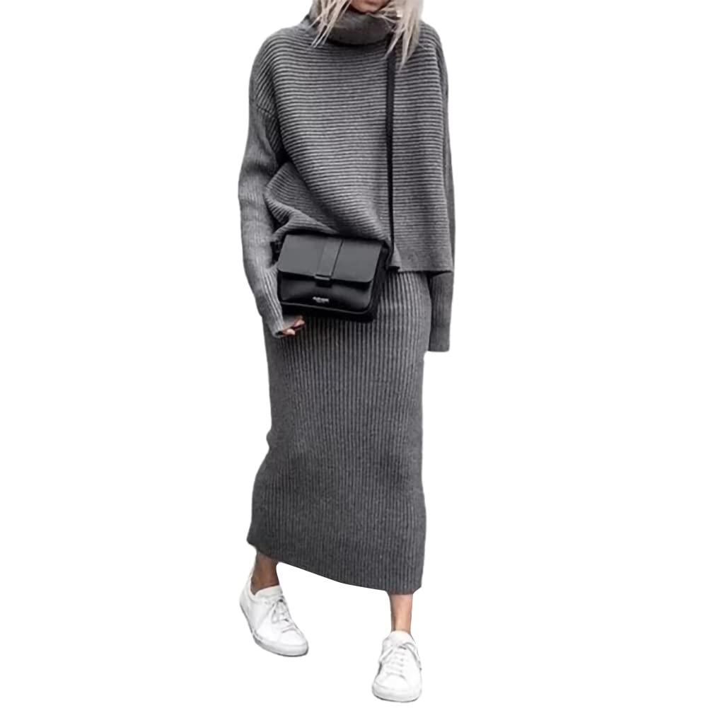 chouyatou Womens Turtleneck 2 Piece Outfits Ribbed Knit Sweater Midi Pencil Skirt Set