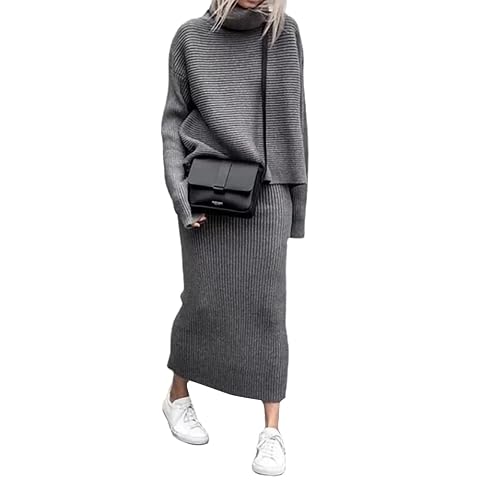 chouyatou Womens Turtleneck 2 Piece Outfits Ribbed Knit Sweater Midi Pencil Skirt Set