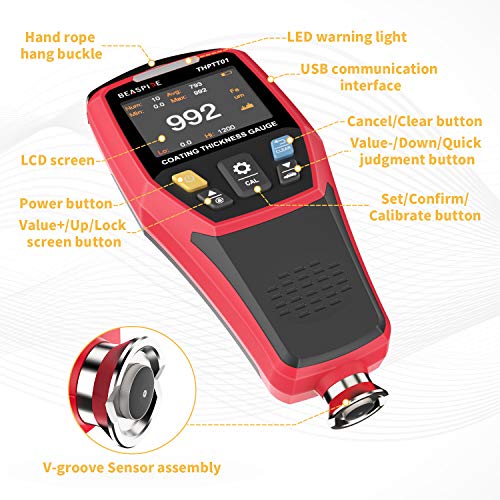 Digital Coating Thickness Gauge Meter with 2” LCD Display Backlight/Rotatable Color Display/ 3 Color Warning Light for Automotive Paint Thickness Measurement, Data Store Analysis