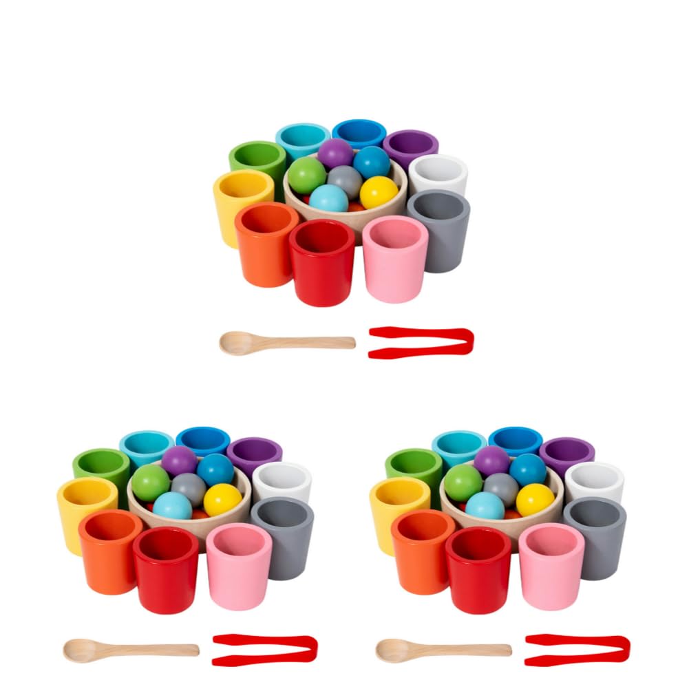 3set Montessori Toys for 3 Year Olds – Rainbow Balls in Cups Toddler Montessori Toys Learning Color Sorting and Counting Wooden Sorting Stacking Toy, for Learning, Colour Sortings Counting