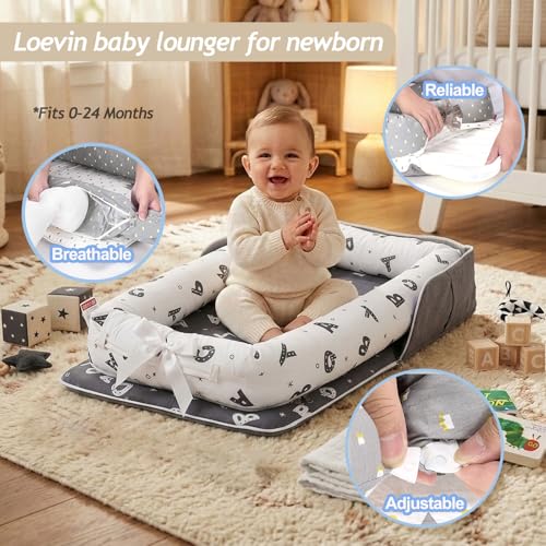 Image of Baby Lounger for Newborn Portable Bag,Baby Nest Play Gym mat with Strap,Newborn Lounger Adjustable Size & Inner Zipper Lengthen Space to 24 Months(Letter Gray)