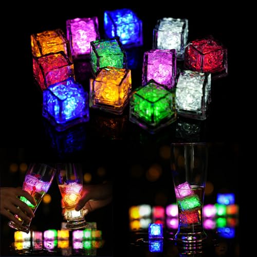 Lhdfyqt 12 Stück LED Eiswürfel Lichter, Leuchtende Eiswürfel, LED Eiswürfel für Getränke, LED Eiswürfel mit Flüssigkeitssensor, für Festival Hochzeit Party Bar Dekoration
