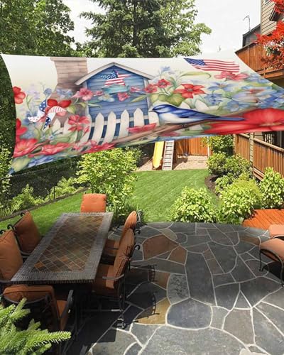 4th of July Sun Sail Shades Rectangle Canopy,Sunlight Block Heavy Duty Curved Backyard Shade Cover,Waterproof Sun Shades for Patios Garden Outdoor,8'x10' Farmhouse Garden Floal Bird Red Blue White