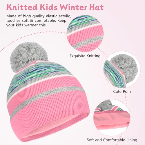 Kids Winter Hat Gloves Scarf Set, Kids Beanie Hat Scarf Mittens with Pom Warm Fleece Lined for Boys Girls 1-7 Years Old2
