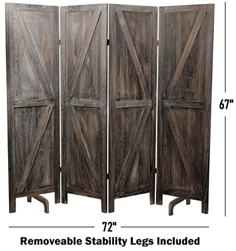 Image of Premium Home 4-Panel Room Divider - Rustic Brown Barn Door, K Pattern Folding Privacy Screen, Partition Wall