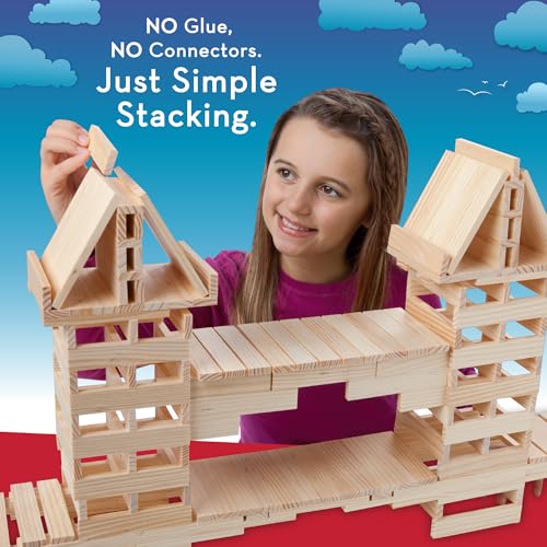 Image of MindWare KEVA Structures 600 Plank Wooden Building Blocks Set, Includes 600 Pine KEVA Planks, 30 Idea Cards and Collapsible Storage Bin